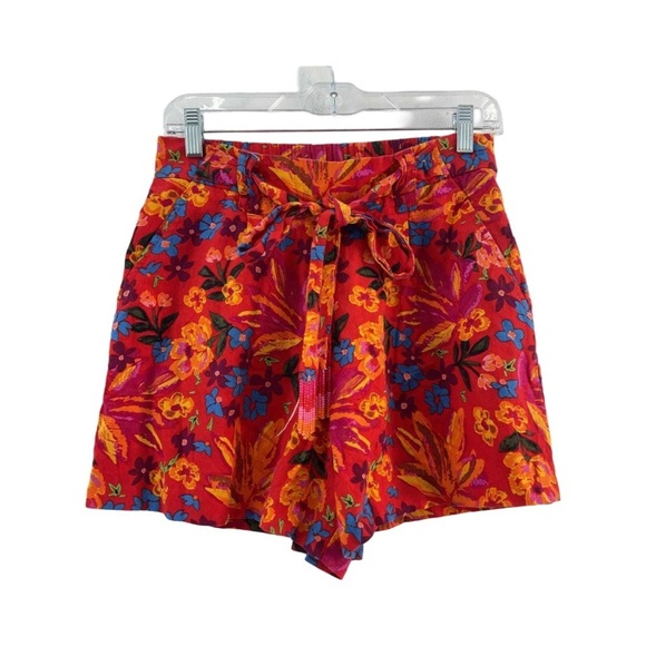 C&C California Pants - C&C California Tropical Floral Red Orange Linen Blend Belted Shorts NWOT Size 4